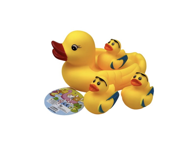 A Large Female Duck Playing In The Bathroom With A Surfing Duck