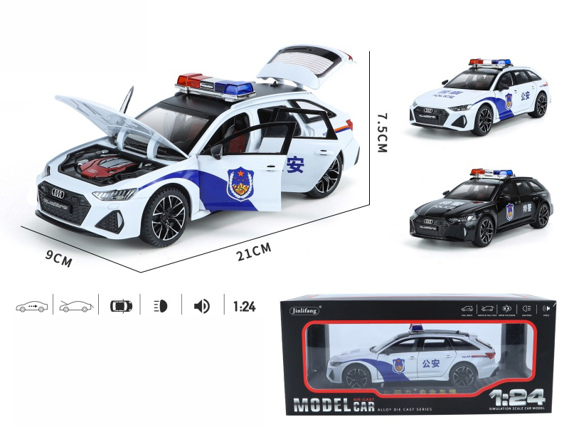 1:24 Audi RS6 Chinese Police Car Pull Back Alloy Six-Door Car Model With Sound And Light