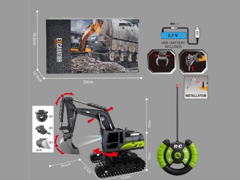 1:2227 MHZ 5-way remote control 4-in-1 interchangeable device crawler excavator Plastic bucket + alloy bucket + grab + drill and break demolition engineering vehicle, with lights and one-button demons
