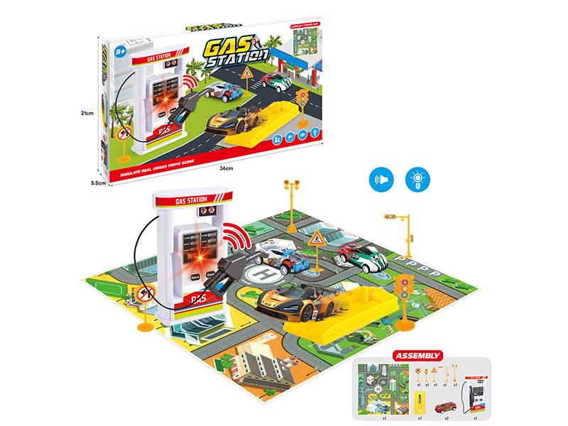 Gas Station Scene Set With Sound, Lights, And Music(2 Pull Back Cars + Launcher)