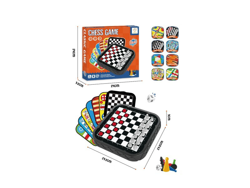 8-In-1 Chess: International Chess + Chinese Checkers + Checkers + Four Pieces + Snake + Swan + Spanish Airplane Chess + Western Chess, 32 Black Pieces +26 Red Pieces +16 White Pieces + 10 Yellow And 1