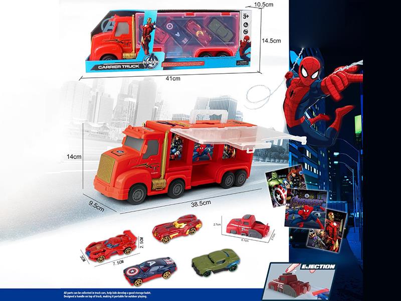 Friction Storage Spider-Man Carrier Truck + 4pcs 7.5cm Slide Alloy Cars + Launcher