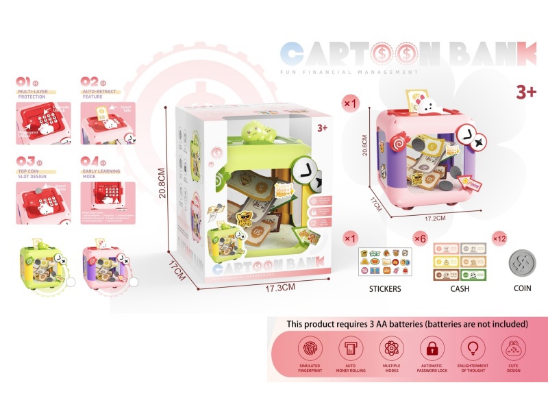 Transparent Cartoon Piggy Bank With Diy Stickers And 6 Banknotes And 12 Coins