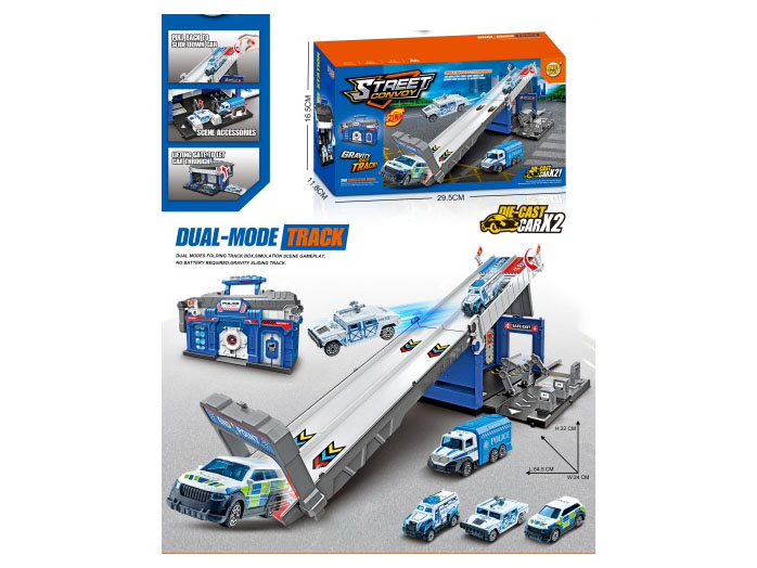 The parking lot for the catapult racing track in the city police department is equipped with two alloy cars
