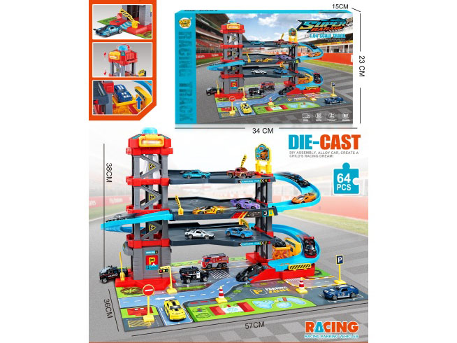 Lighting, music, lift, 4-story racing car parking lot, equipped with 6 alloy cars, map and road signs (including 3*AG13 batteries)