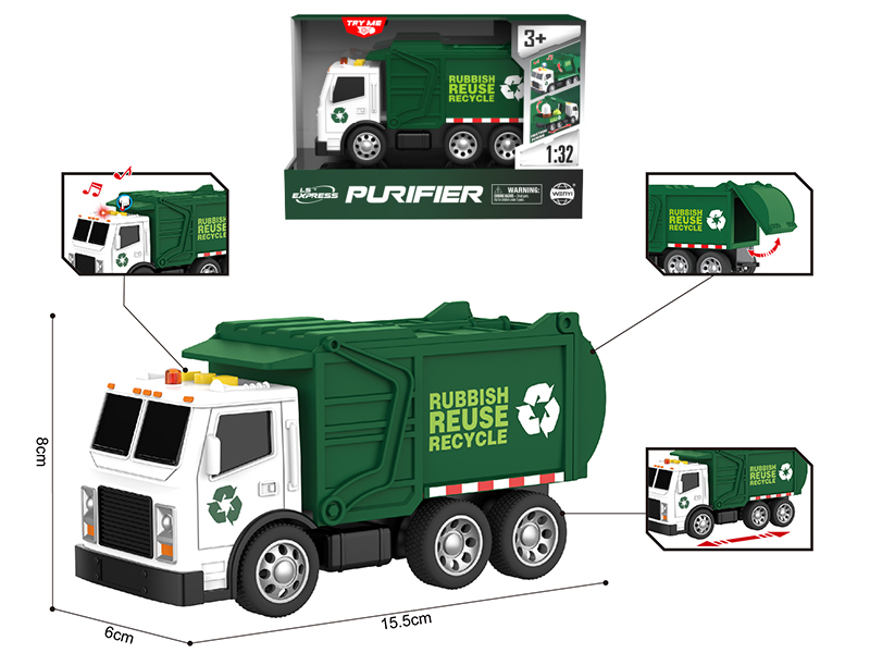 1:32 Friction Garbage Truck(Green)(Sound & Lights)