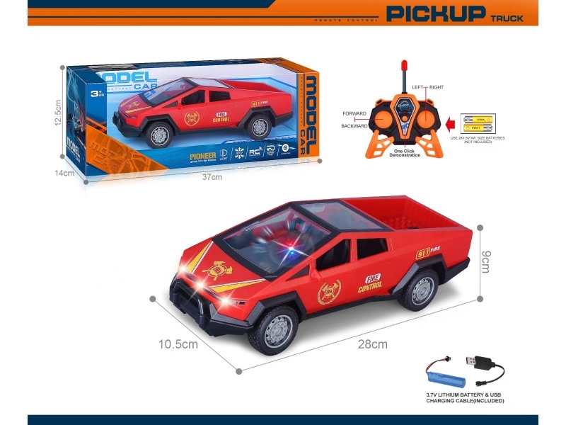 27Mhz 1:14 Five-Channel Remote-Controlled Fire Engine With Lights, One-Button Demonstration, Transparent Window Seat Transfer Printing Tesla Cyber Pickup Truck (Including Battery)