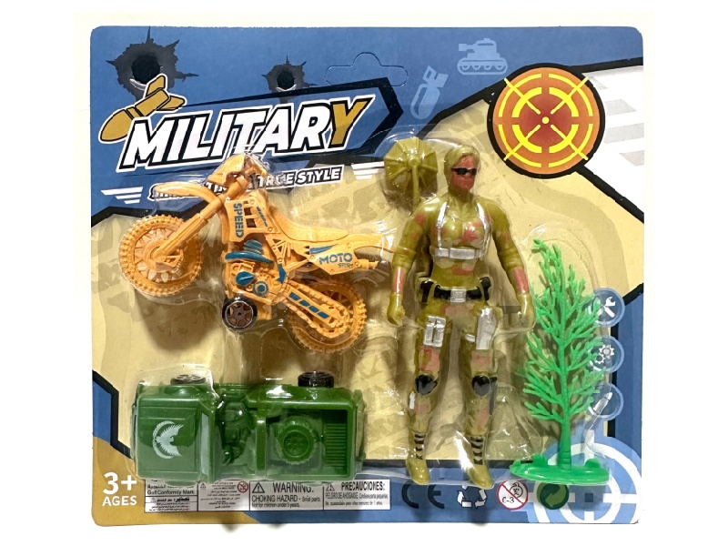 12Cm Soldier With Off-Road Motorcycle, Jeep And Tree
