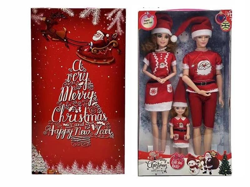 11.5" Solid 12-Jointed Christmas Doll + 11.5" Solid 12-Jointed Man Doll + Small Girl Doll