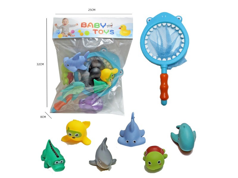 Shark Fishing Net + Soft Rubber Ocean Set (7-Piece Set) Cross-Border Bathroom Fish Fishing Toys, Bathing Toys, Fish Fishing And Bathing Toys, Water Play Children'S Rubber Animal Toys