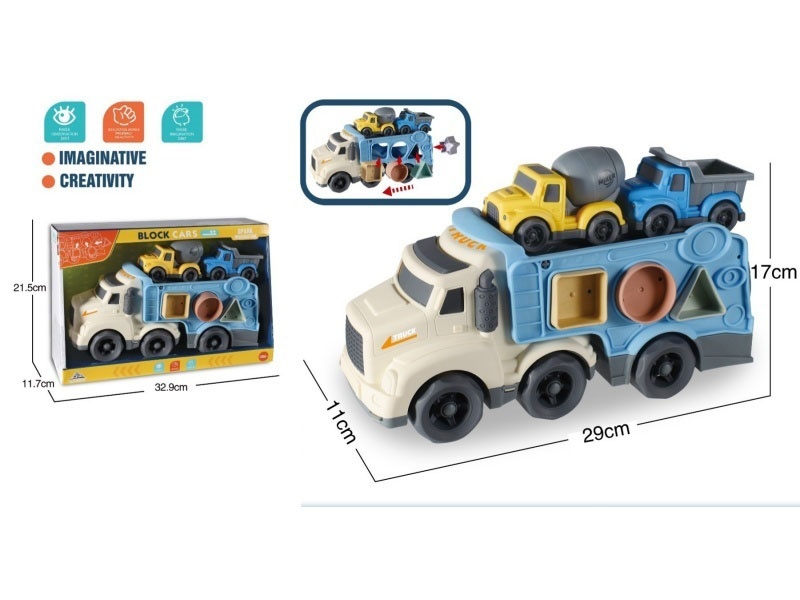 Lighting And Sound - Sliding Cartoon Transport Tractor (4 Geometric Grain-Shaped Blocks) - Paired With 2 Small Cars