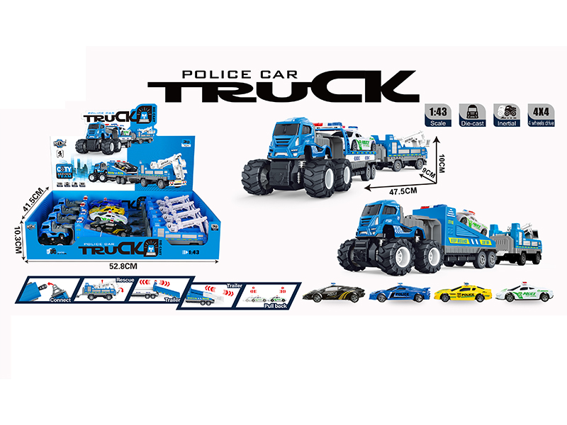 4WD Friction Alloy Double Trailer With Pull Back Police Car(4PCS)