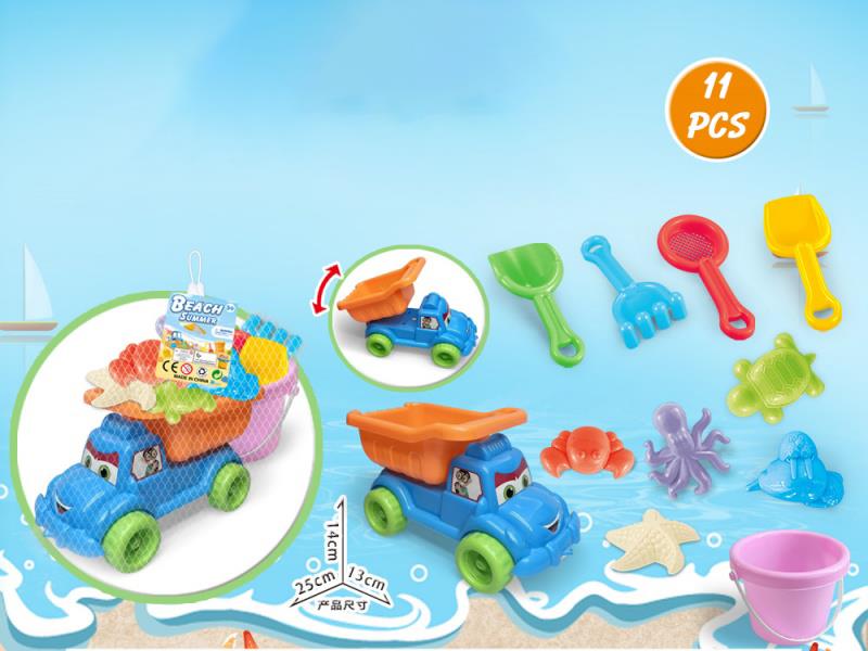 A Large Truck With Beach Accessories And Buckets (11 Pieces)