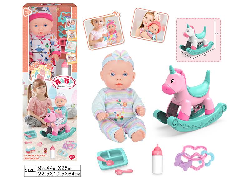 13" Boy Doll(No IC) + Hobbyhorse + Feeding-Bottle + 环扣 + Dinner Plate + Fork + Spoon