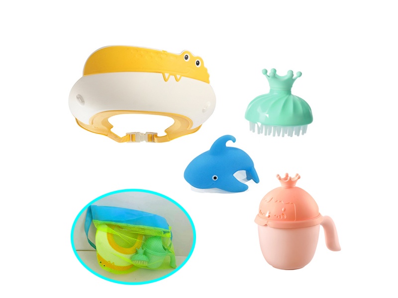 Baby Bath Set(Shampoo Cup + Bath Brush + Vinyl Shark + Bath Cap)