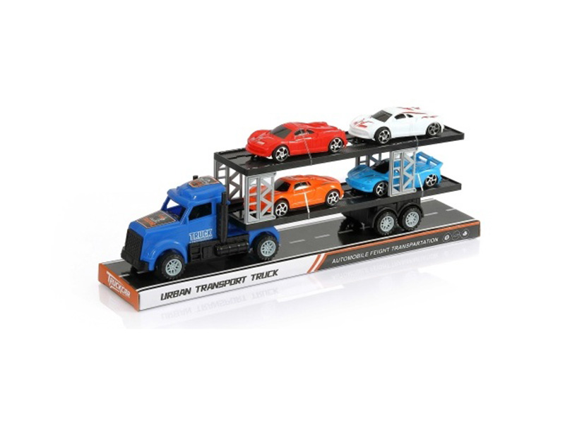 An Inertial American Tractor Truck Is Carrying Four Sports Cars