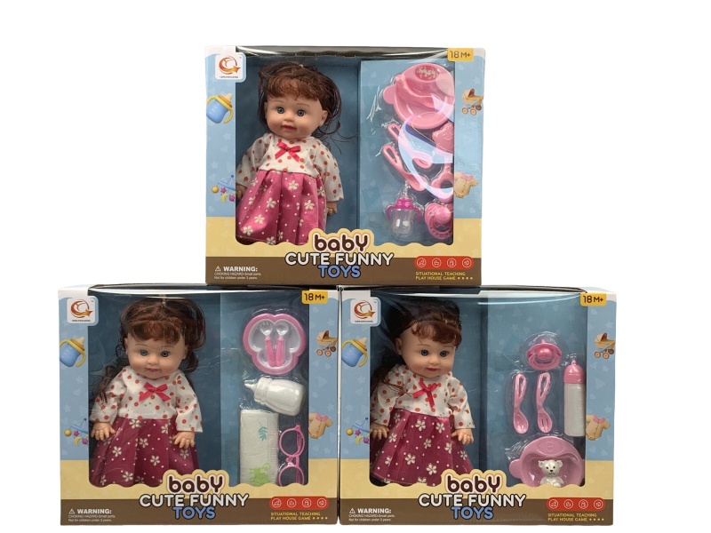 A Mixed Set Of Three 12-Inch Dolls With Tableware And Ic