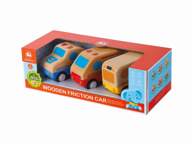 Wooden Friction Car With Music And Lights 3pcs