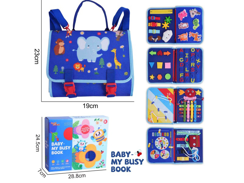 Montessori Early Childhood Education And Intelligence Development - Blue 5-Page Felt Backpack - Busy Wildlife Edition