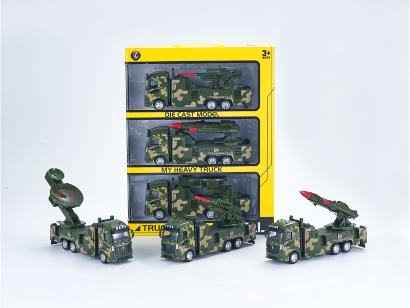 1:32 Military Green Huili Alloy Military Vehicle, 3 Pieces/Handle Window Box