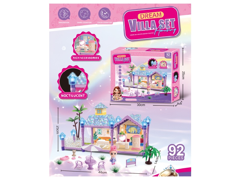 Luminous Diy Princess Villa House Play Castle Set (Diy Assembled Girl Dream House Mansion) 92Pcs