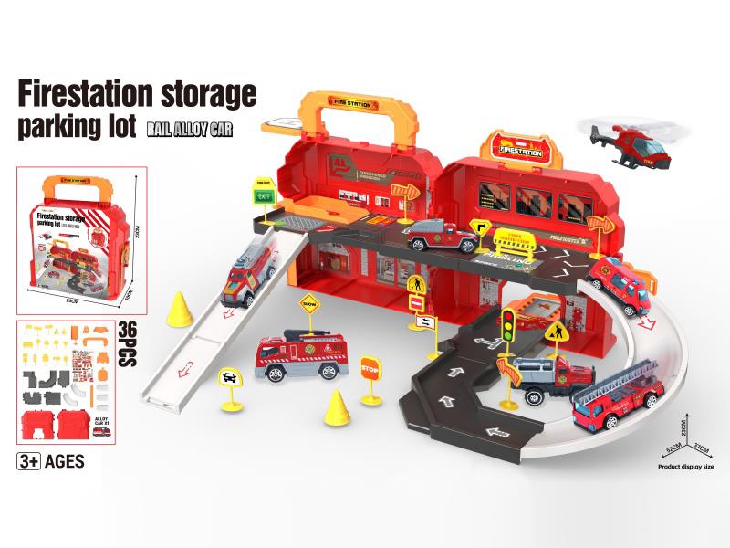 Fire Station Storage Parking Lot Rail Alloy Car(With 1 Alloy Car, Road Signs)36PCS