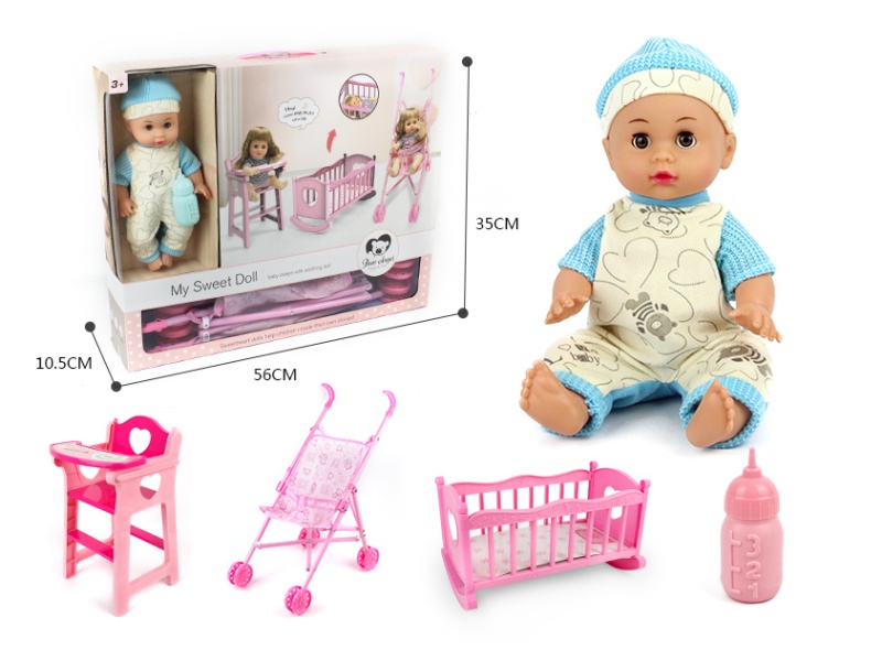 14" Doll With 6 Sounds,Drink Water Pee 3 In 1 Set(Crib + Chair + Stroller)