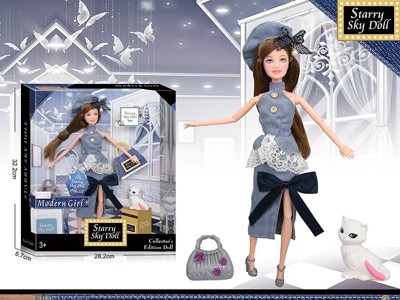 11.5 Inch 11-Joints Fashion Doll With Headdress, Handbag, Cat