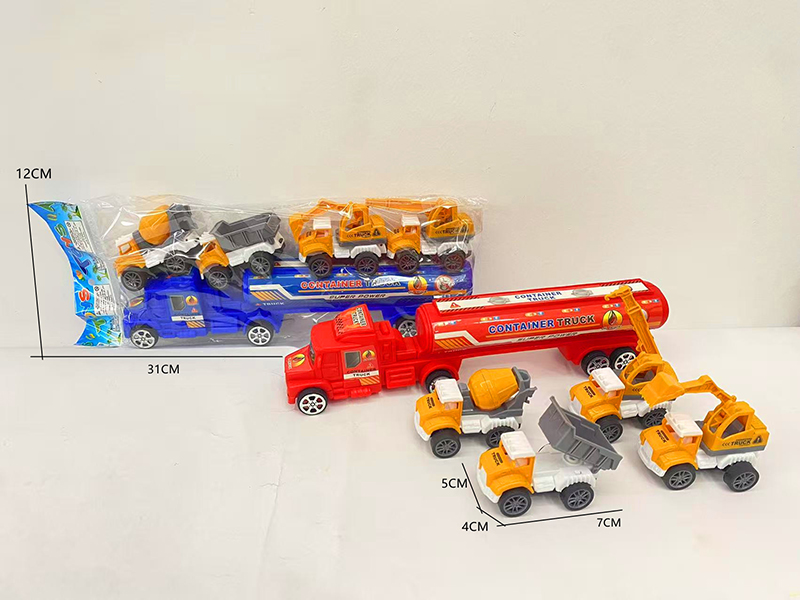 Friction Oil Tank Truck + 4 Pull Back Engineering Trucks