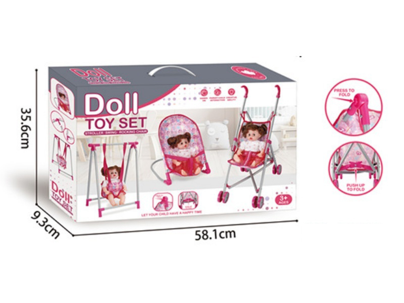 Set Of Three Pieces: Swing/Rocking Chair/Iron Rod Trolley / +14"Ic Doll