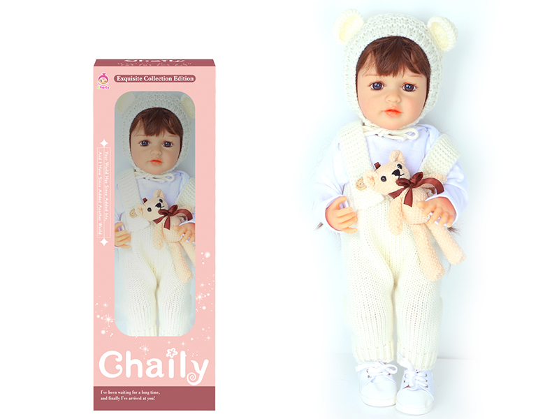 55CM Soft Glue High Simulation Baby Doll(Wig Sheath)With Diaper, Birth Card, Woollen Cap