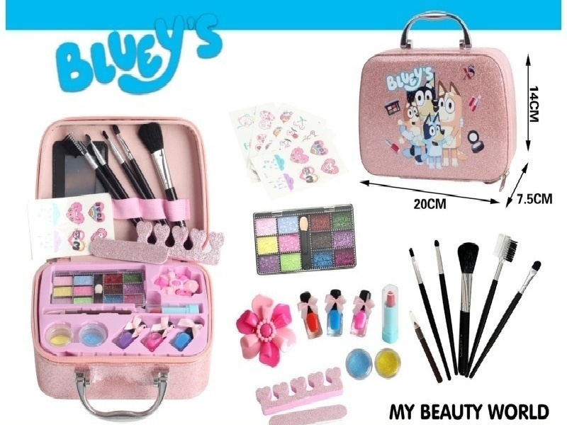 Blue Cosmetic Handbag (Glossy Pink Printed Pattern)