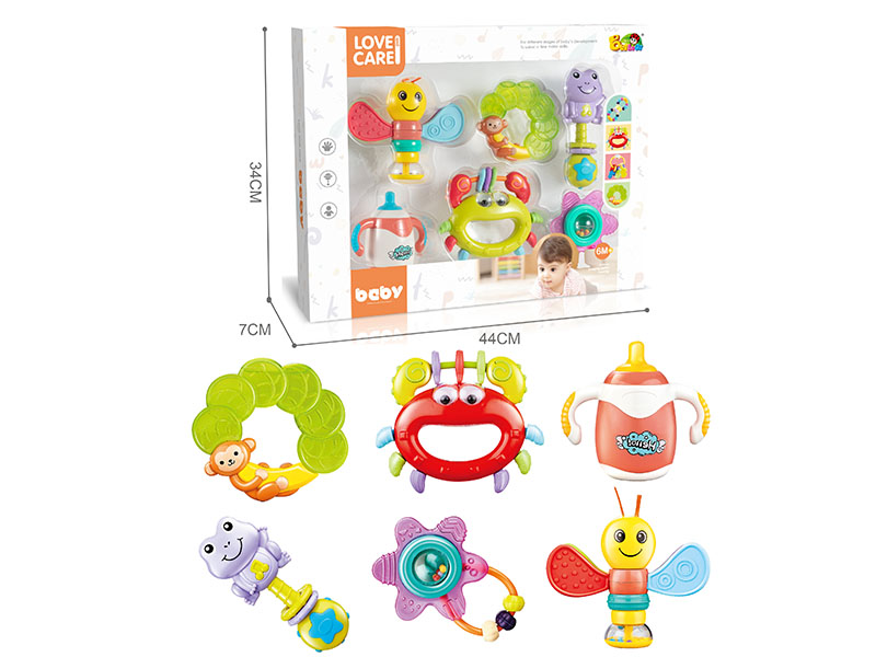Frog, Monkey, Bee, Sunflower, Crab, Baby Bottle Shape Baby Rattles Set