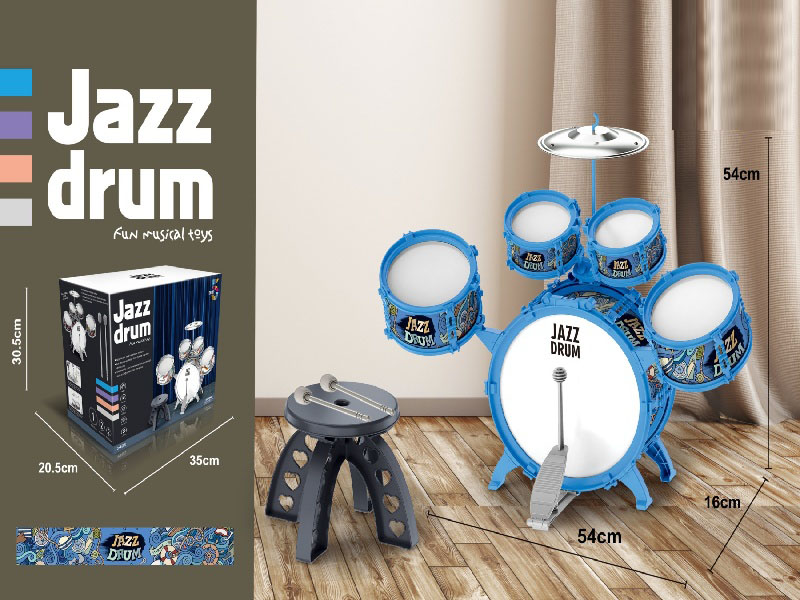 5 Drums, 1 Cymbal, Blue Ring, Blue Collar + Stool