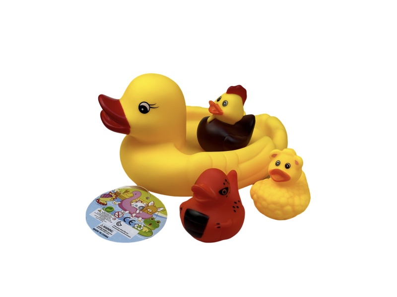 A Large Female Duck Playing In The Bathroom With An Animal Duck