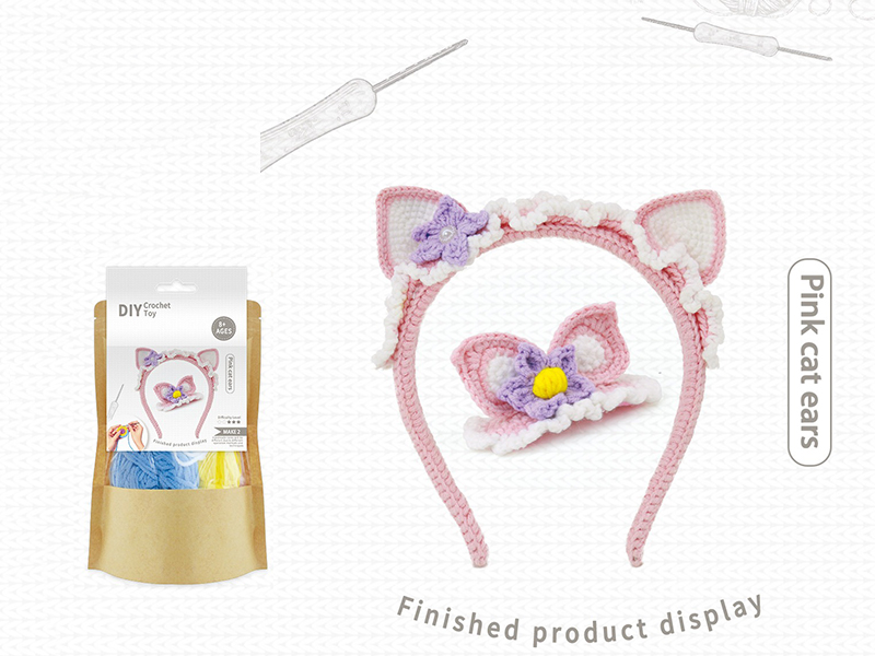 DIY Crochet Toy Pink Cat Ear Hair Hoop Hairpin 2 Set(Including Making Tools)