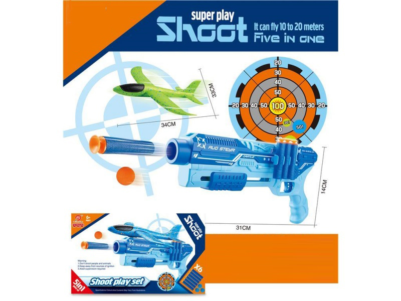 5-In-1 Multi-Functional Aircraft Gun (Blue + Green) Soft Ammunition X6, Eva Balls X6, Target X1, Aircraft X1, Gun X1, Instruction Manual X1