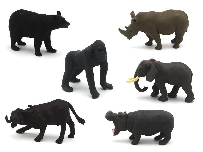 6 Mini Animals (A African Elephant +B Hippopotamus +C Rhinoceros +D African Buffalo +E Black Bear +F Gorilla)