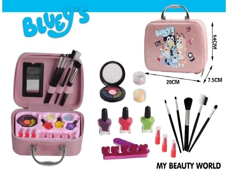 Blue Cosmetic Handbag (Glossy Pink Printed Pattern)