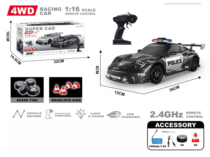 1:16 Pvc Semi-Proportional Drift Remote Control Car Porsche Police Car