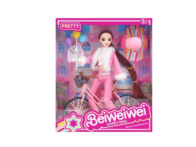 11.5-Inch, 11-Joint, 28-Centimeter 3D Eye Long Braid Doll, Bicycle + Balloon + Hat, Multiple Mixed Outfits