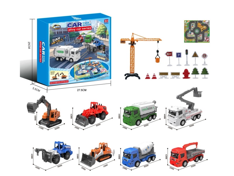 1:64 City Alloy Car Set B/8 Model (Crane Tower/Road Sign/Map)