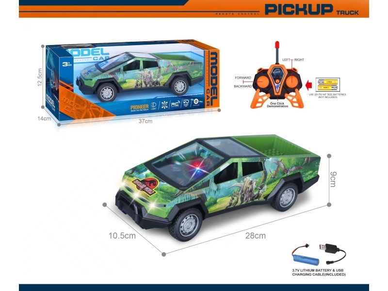 27Mhz 1:14 Five-Channel Tesla Cybertruck Remote Control With Lights, One-Button Demonstration, Bright Window Seat Uv3D Printed Dinosaur Element (Including Battery)