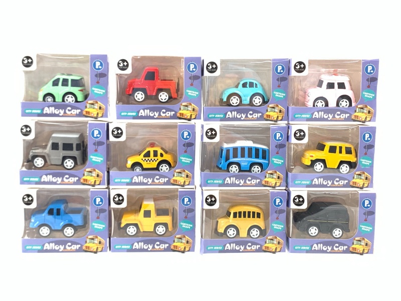 Alloy Jai Cartoon Mini School Bus Taxi Off-Road Pickup Car 12 Mixed