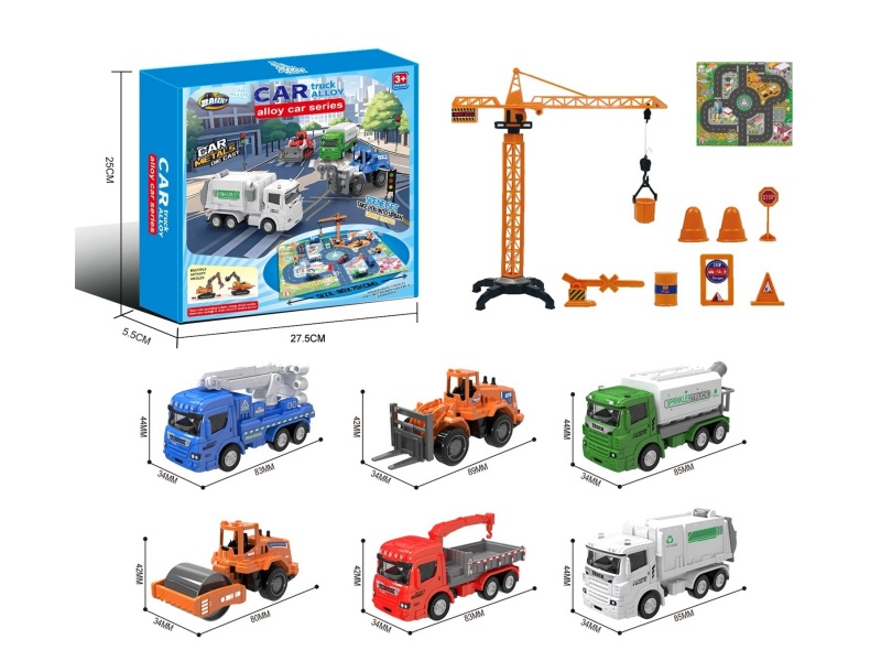 1:64 City Alloy Car Set A/6 Model (Crane Tower/Road Sign/Map)