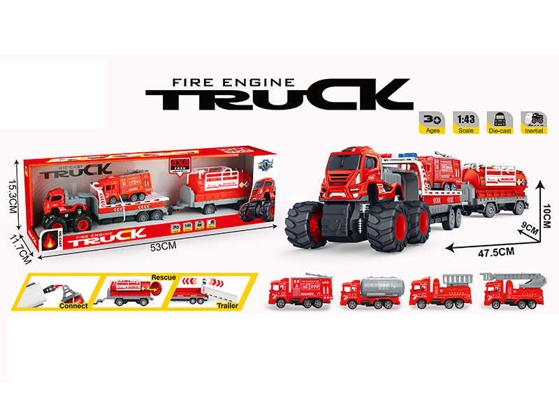 4WD Friction Alloy Double Trailer With Pull Back Fire Engine