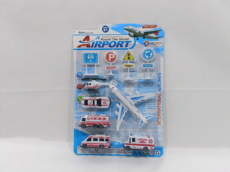 Pull Back Airplane + Slide Rescue Vehicles 5pcs + Road Signs