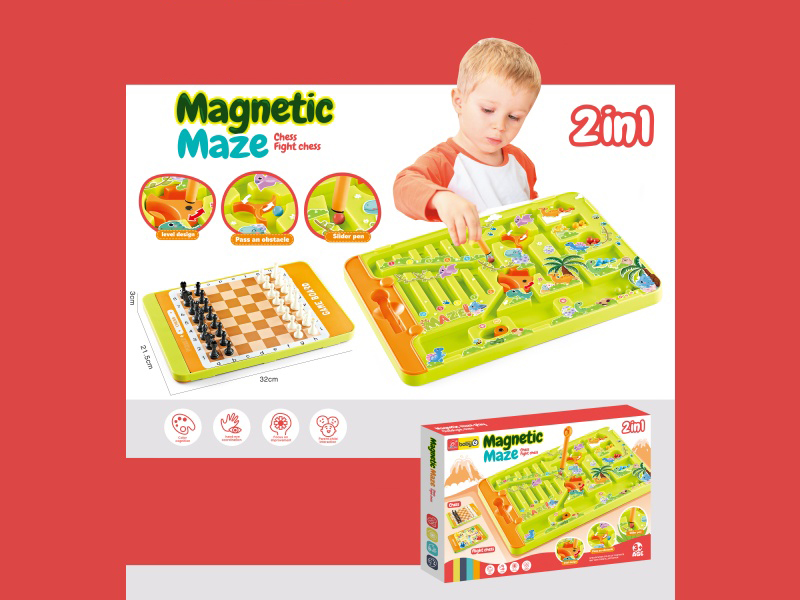 Children'S Dinosaur Forest Creative Magnetic Maze Beading Challenge Toy + Chess (2-In-1) (Magnetic + Chess Version, Green)