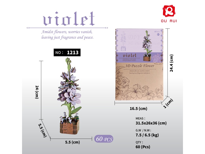 Diy 3D Wooden/Wooden Flower/Assembly Flower/Wooden Assembly Model Flower/Violet