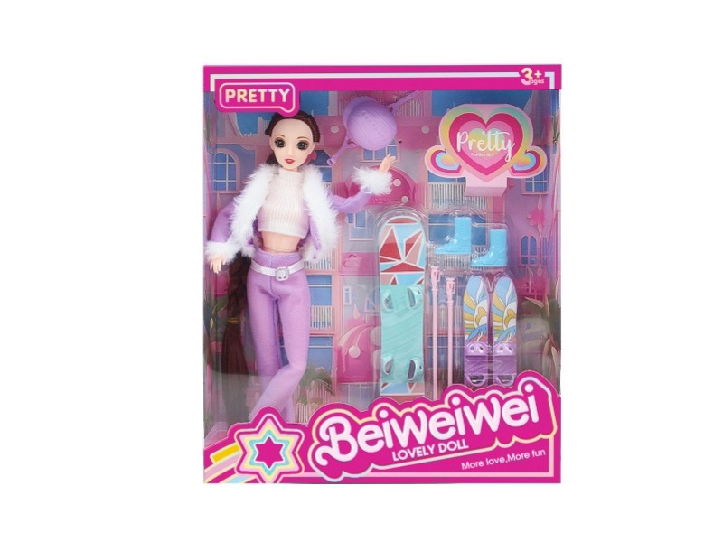 11.5-Inch, 11-Joint, 28-Centimeter 3D Eye Long Braid Doll With Skateboard Accessories And Hat In A Mixed Outfit